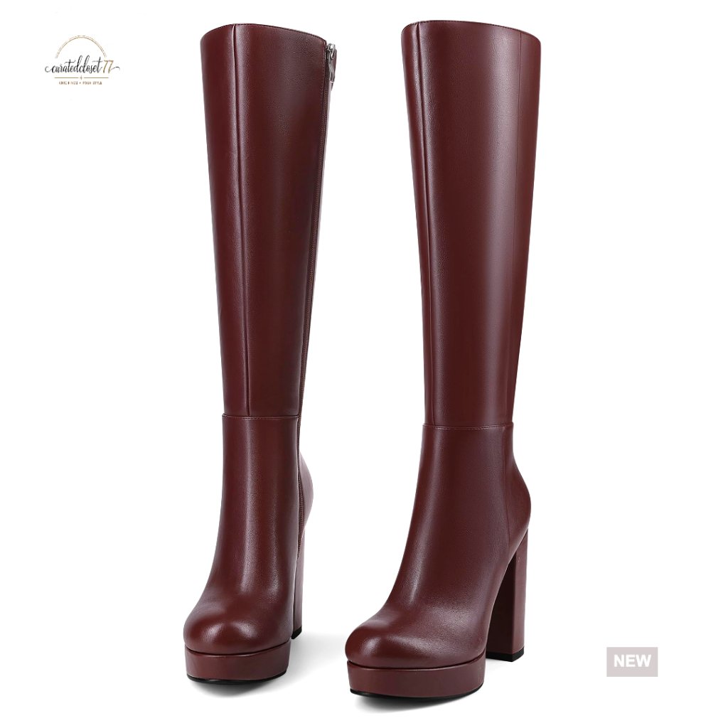 Platform Knee High Boots Chunky Heel Retro Gogo Style Side Zipper Tall Boots